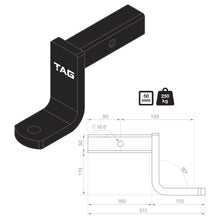 Load image into Gallery viewer, TAG Tow Ball Mount - 193mm Long, 90° Face, 50mm Square Hitch
