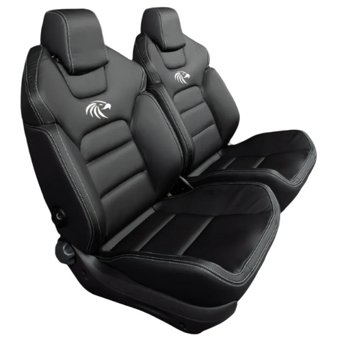 A pair of black premium touring seats with white embroidery on the headrests, designed for 4WD vehicles.