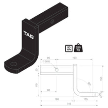 Load image into Gallery viewer, TAG Tow Ball Mount - 193mm Long, 90° Face, 50mm Square Hitch
